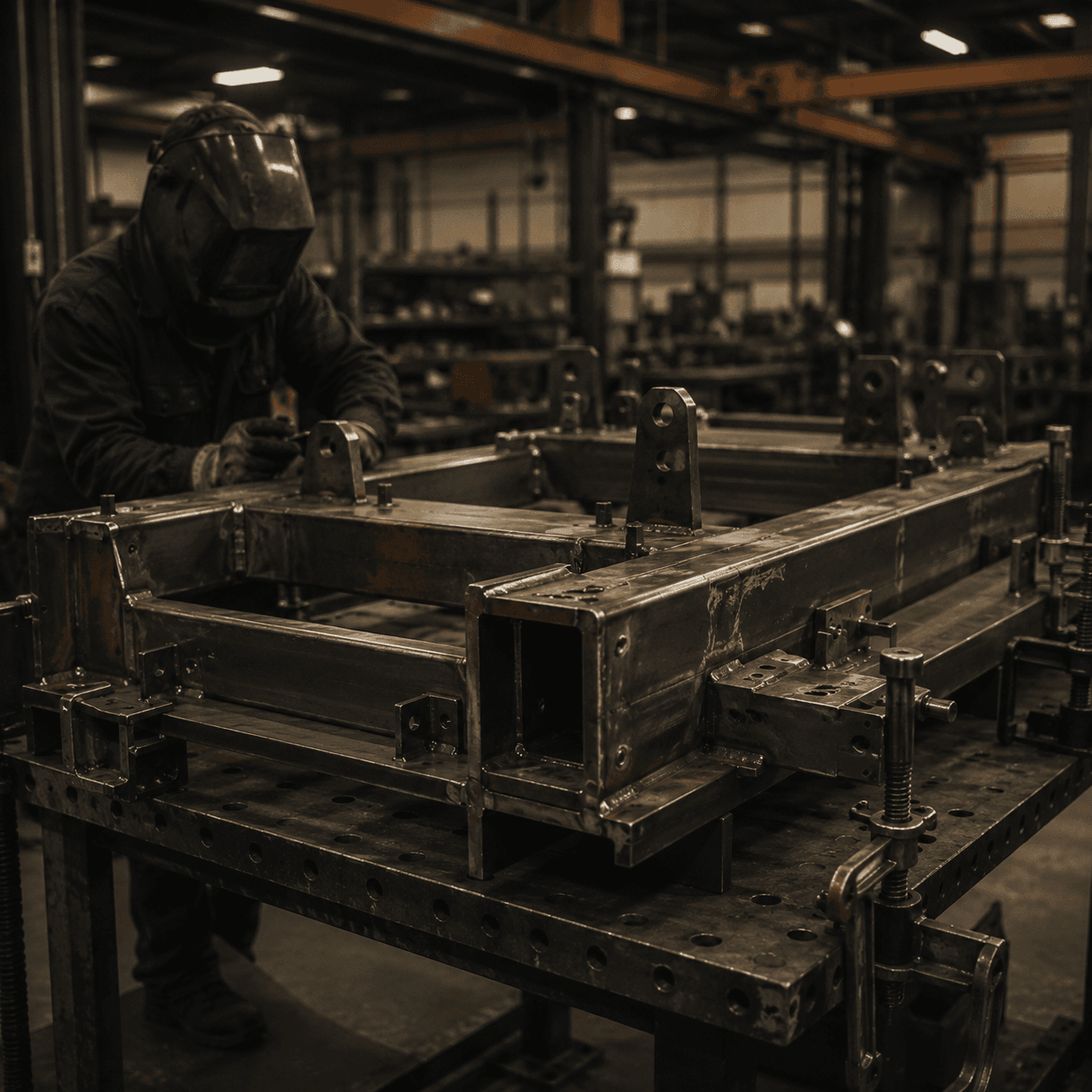 Heavy structural metal fabrication shop with welded assemblies, plate work, and overhead crane support