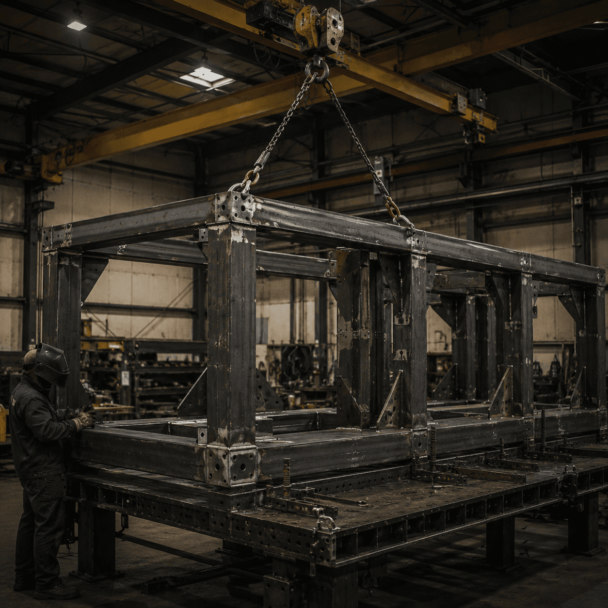 Large structural steel fabrication and custom lifting equipment in a heavy industrial shop