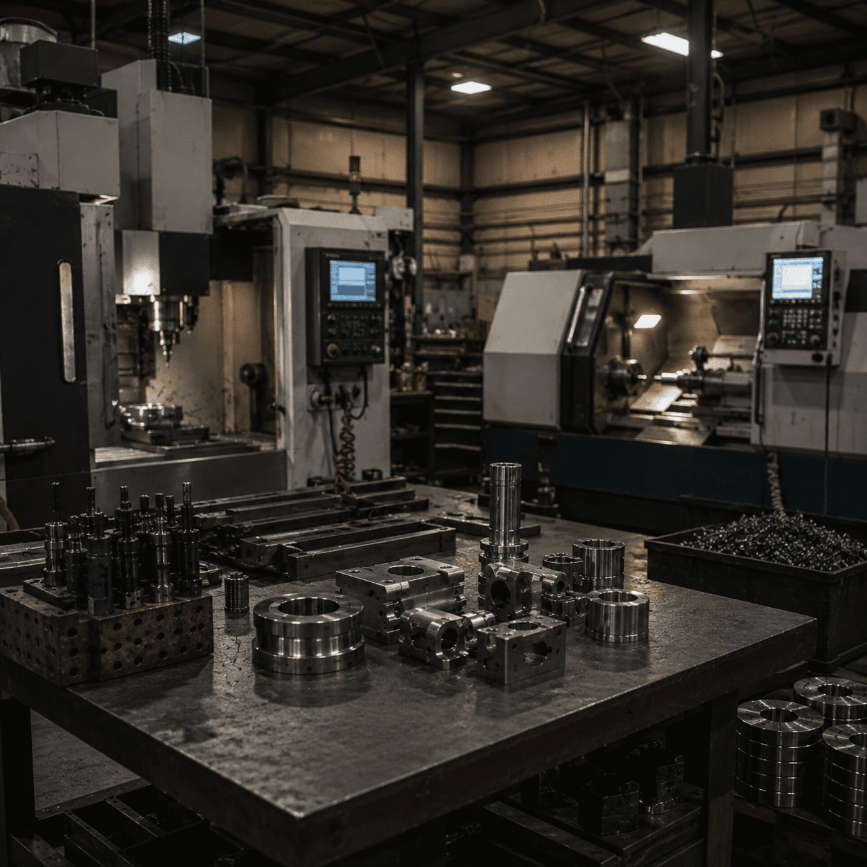 Large CNC machining department with horizontal boring mills, vertical turning equipment, and heavy industrial parts