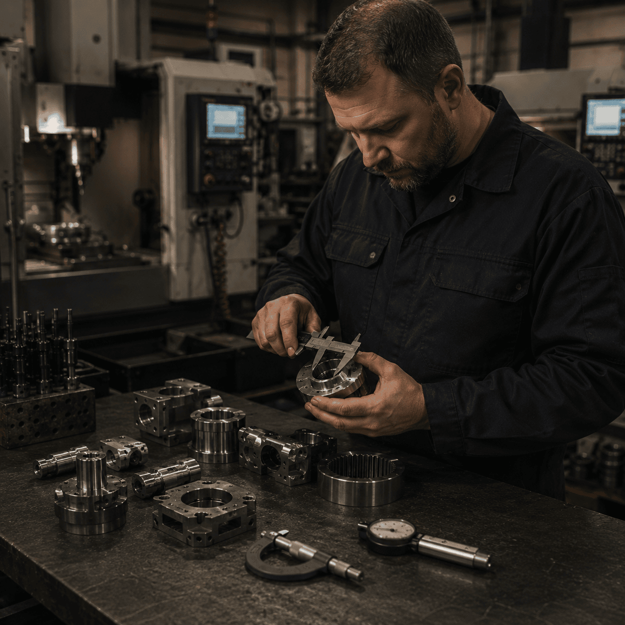 Industrial technician inspecting a machined component with precision measurement tools